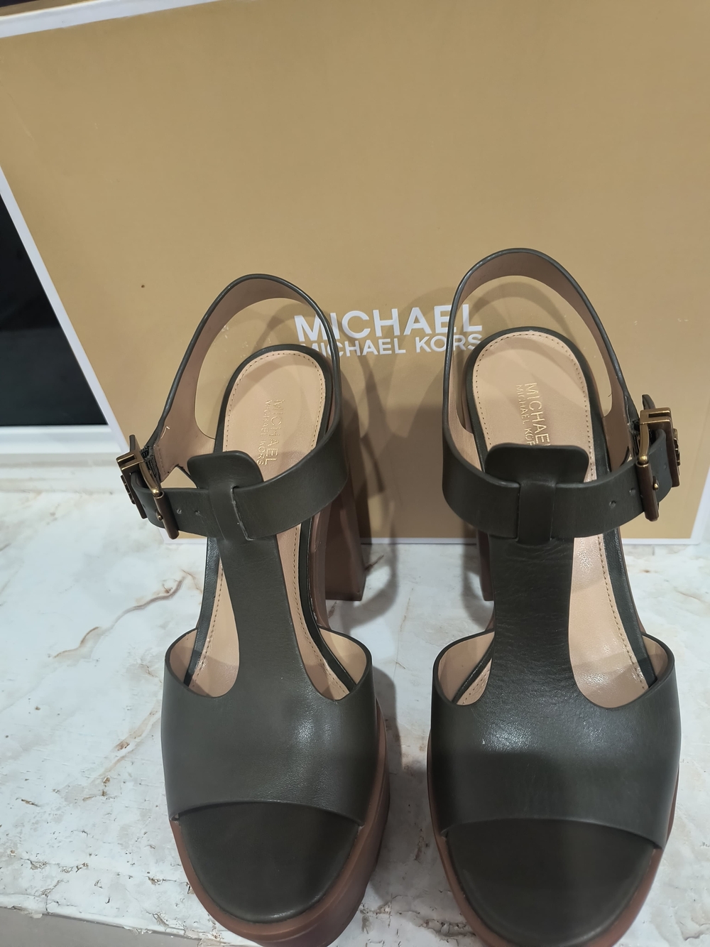 Michael Kors Olive Leather T-Strap Platform Heels